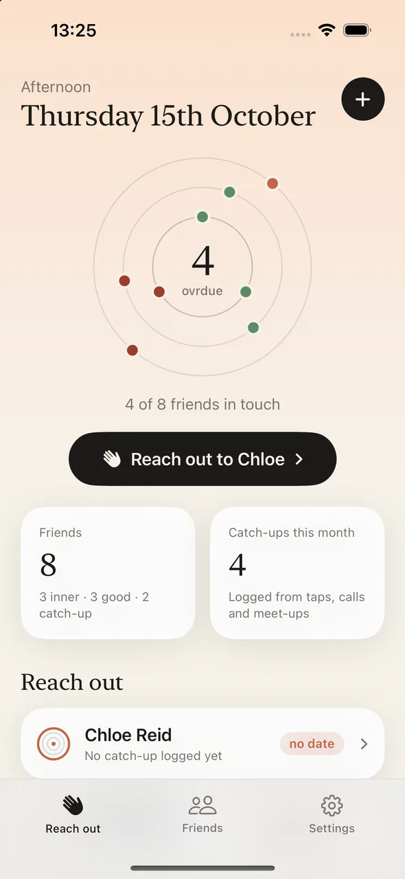 Ovrdue home screen: three rings with a dot for each friend, four overdue, and a button to reach out to Chloe
